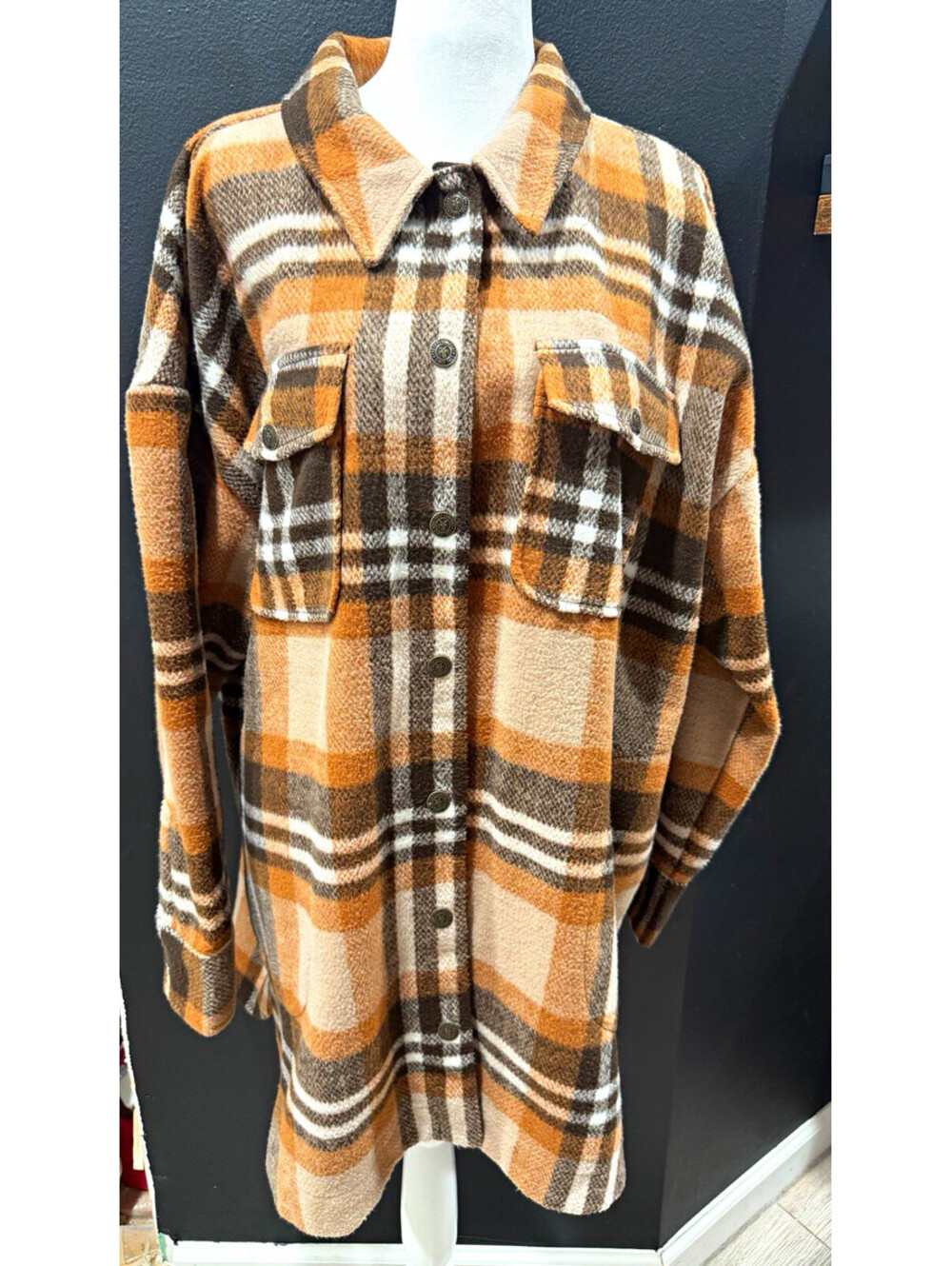 FRYE Since 1863 Women's Plaid Button Front Long Sleeve Pocket Shacket Brown XL